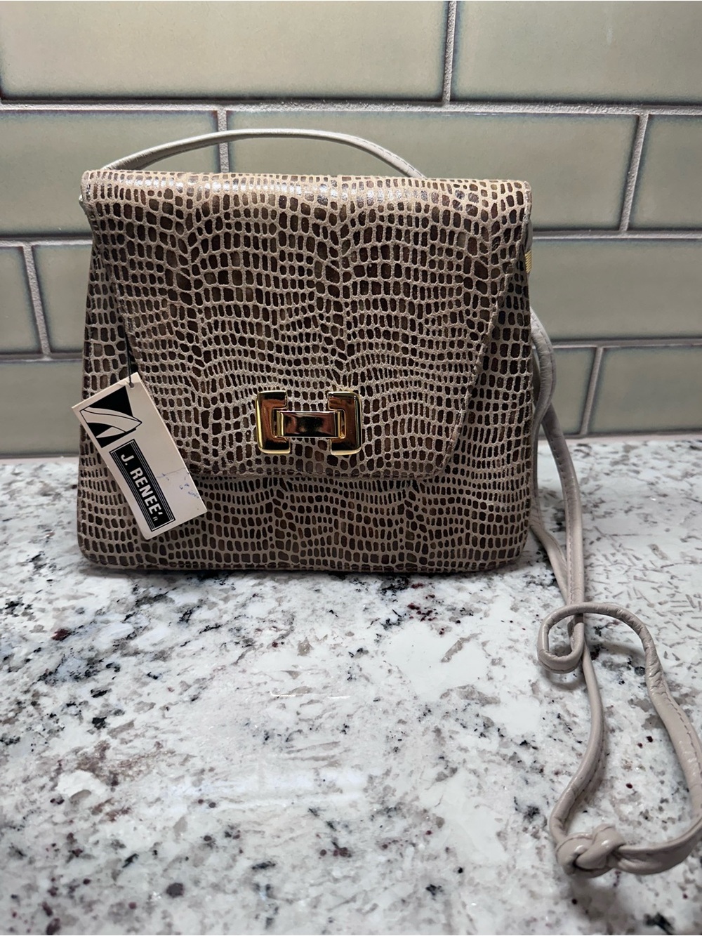 J.Renee Beige Croc-Embossed Crossbody with Gold Hardware
